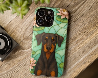 Doberman Pinscher Phone Case, Stained Glass Style, Floral Design, Cute Pet Gift, Dog Lover Phone Cover, iPhone Case, Samsung, Pixel, Dobie