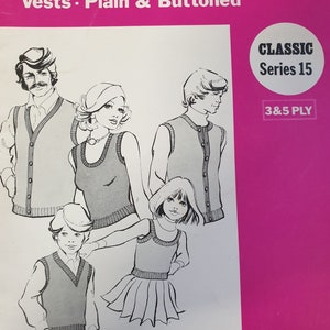 May include: A Singer knitting machine pattern booklet featuring four people wearing vests. The booklet is titled "Vests - Plain & Buttoned" and is for the Classic Series 15, 3 & 5 ply.