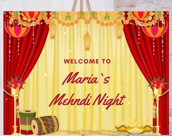 Dholki Sangeet Decor & Mehendi Welcome Signs, Mehndi Welcome Sign as Garlands Red Curtain Yellow  as Mendhi Sign, Dholki Signboards Haldi