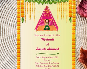 Afdrukbare uitnodigingen Digitale Mehndi-uitnodigingen & Dholki-uitnodigingen, Mendhi Night, Sangeet Trouwkaarten sjabloon online smartphone