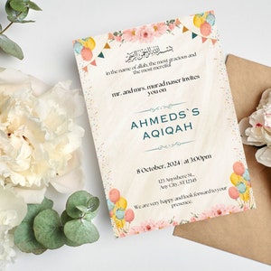 Tarjeta Aqiqah / Invitación de cumpleaños / Descarga digital / Musulmán, Islámico / Nacimiento de bebé, Invitación de fiesta Aqeeqah, Personalizada, Personalizable,