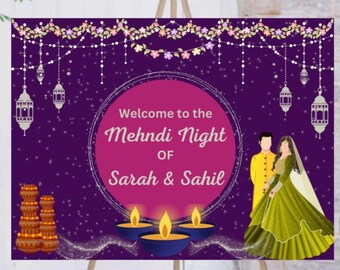 Dholki Sangeet Decor & Mehendi, Mehndi Decorations-welkomstbord als slingers paars zilverpaars als Mendhi-decor, Dholki-uithangborden mayo