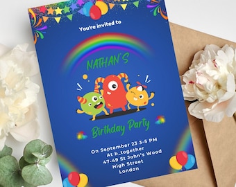 Rainbow Friends DIGITALE DIY-TEMPLATE-uitnodiging uitnodiging verjaardagsviering downloaden, bewerkbare Rainbow Friends Roblox verjaardagsuitnodiging