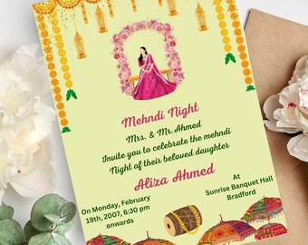 Invitaciones imprimibles Invitaciones digitales Mehndi e invitaciones Dholki, Noche de Mendhi, Plantillas de invitaciones de boda en línea Impresión Canva Verde botella