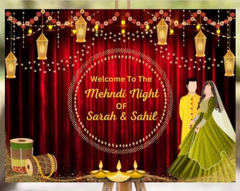 Dholki Sangeet Decor & Mehendi Welcome Signs, Mehndi Welcome Sign as Garlands Gold Fuchsia Orange Yellow  as Mendhi Sign, Dholki Signboards