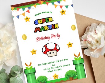 Printable Birthday Card | Birthday Invite | Super Brothers White Green Invite | Birthday Kid Invite | Editable Template | Mariosgame