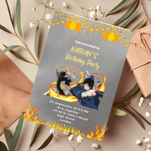 Faire-part d'anniversaire manga modifiable | Invitation de fête d'anniversaire imprimable | Modèle numérique de fête d'enfants | Faire-part d'anniversaire Fullmetal Alchemist