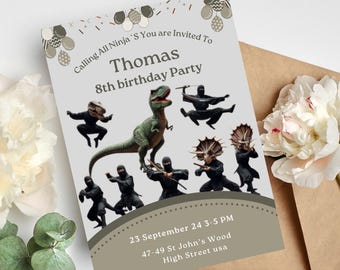 Editable Ninja Dinosaur Birthday Invitation | Printable Kids Card , Dino Evite, Editable Canva Template | Instant Download | Dinosaur Invite