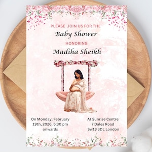Invitation de baby shower indienne, Seemantham, Valaikappu, modèle numérique toile d'invitation Godh Bharai, modèle numérique MP4 de petite fille rose