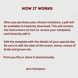 Puede incluir: Un fondo blanco con texto rojo que explica c&oacute;mo usar una plantilla de invitaci&oacute;n digital. El texto dice "HOW IT WORKS" en letras grandes en la parte superior. El texto explica que despu&eacute;s de comprar una invitaci&oacute;n digital, un PDF estar&aacute; disponible para descargar. El PDF contiene instrucciones sobre c&oacute;mo acceder y editar las plantillas. El texto tambi&eacute;n explica c&oacute;mo editar la plantilla con detalles para un d&iacute;a especial, como la fecha, el lugar y los nombres de la novia y el novio. El texto concluye explicando que el archivo se puede imprimir o compartir electr&oacute;nicamente. El texto termina con el nombre de usuario de las redes sociales "@InvitifyDigitals".