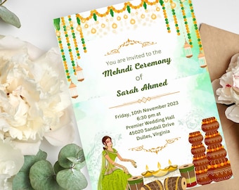Afdrukbare uitnodigingen Digitale mehndi-uitnodigingen en dholki-uitnodigingen, Mendhi Night, Sangeet Trouwkaarten Instant smartphone-mayo-uitnodiging
