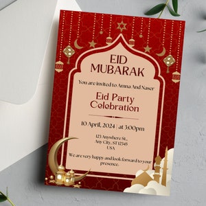 Puede incluir: Invitaci&oacute;n roja y dorada de Eid Mubarak con una luna creciente, estrellas y linternas. La invitaci&oacute;n es para una celebraci&oacute;n de fiesta de Eid el 10 de abril de 2024 a las 3:00 pm. La direcci&oacute;n es 123 Anywhere St., Any City, ST 12345, USA.