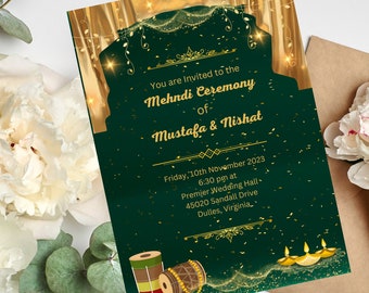Printable invites Digital Mehndi invitations&Dholki Invites, Mendhi Night, Wedding invitations Template Online Canva Print Bottle Green