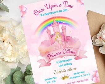 Princess Invitation Card Princess Birthday Invite Instant Download Pink Party Invitation Canva Template Girls Birthday Invite Editable Card