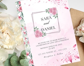 Smartphone-huwelijksuitnodiging Card Evite-sjabloon, elektronische uitnodiging, sms-uitnodiging, bloemen bruiloft roze bloemblaadje WhatsApp