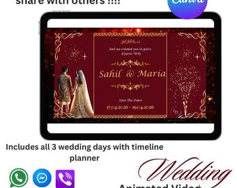 Muslim Islamic Indian Wedding Video Invitation, Wedding Animated Card, Baraat Mehndi Dholki Valeema Animated Video Invite, Wedding Planner