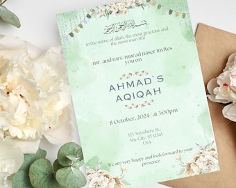 Aqiqah-kaart | Verjaardagsuitnodiging | Digitale download | Moslim, islamitisch | Geboorte baby, babyfeestje, gepersonaliseerd, aanpasbaar, moslimfeest