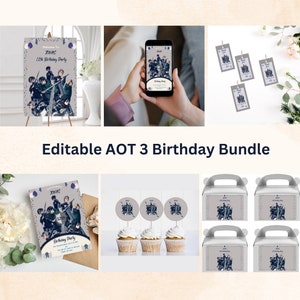 Pacote de aniversário de anime mangá editável | Convite de anime para impressão |Decoração de festa | Sinal de boas-vindas do AOT Attack on Titan, obrigado Gable Lable