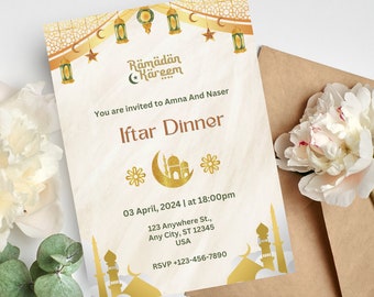 May include: A gold and white invitation card with a crescent moon and mosque design. The text reads "Ramadan Kareem" and "Iftar Dinner". The invitation is for a dinner on April 3, 2024 at 6:00 PM. The address and RSVP information are also included.