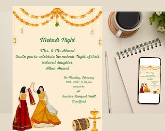 Afdrukbare uitnodigingen Digitale Mehndi-uitnodigingen & Dholki-uitnodigingen, Mendhi Night, Sangeet Trouwkaarten sjabloon online smartphone