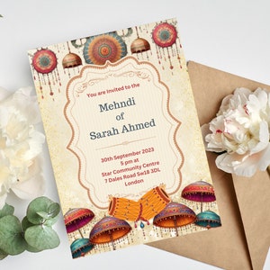 Printable invites Digital Mehndi invitations&Dholki Invite, Mendhi Card, Dholki Wedding invitations Template Online Canva Print Gold Cream