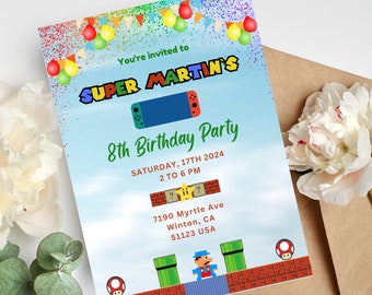 Printable Birthday Card | Birthday Invite | Super Brothers Boy Invite | Digital Birthday Kid Invite | Editable Template | Marios Invite