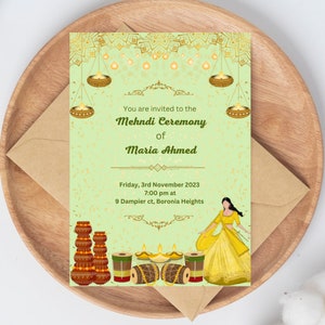 Invitations imprimables Invitations Mehndi numériques et invitations Dholki, Mendhi Night, modèle d'invitations de mariage en ligne Impression sur toile Jaune vert