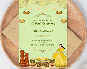Printable invites Digital Mehndi invitations&Dholki Invites, Mendhi Night, Wedding invitations Template Online Canva Print Yellow Green