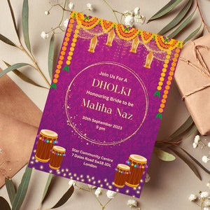 Printable invites Digital Mehndi invitations&Dholki Invites, Mendhi Night, Wedding invitations Template Online Canva Print pink gold