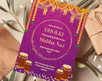 Printable invites Digital Mehndi invitations&Dholki Invites, Mendhi Night, Wedding invitations Template Online Canva Print pink gold