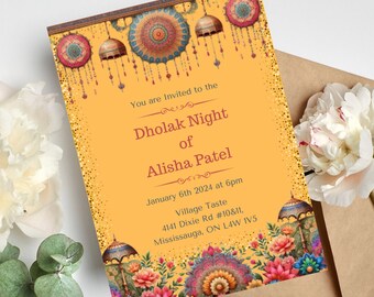 Afdrukbare uitnodigingen Digitale Mehndi-uitnodigingen en Dholki-uitnodiging, Mendhi Card, Dholki-huwelijksuitnodigingen online sjabloon canvasprint oranjerood
