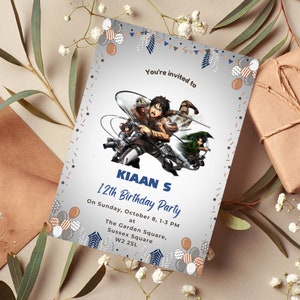 Bewerkbare manga-anime verjaardagsuitnodiging | Afdrukbare anime-verjaardagsuitnodiging | Sjabloon kinderfeestje | Verjaardagsuitnodiging AOT Attack on Titan