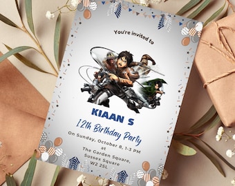 Invitación de cumpleaños de anime manga editable / Invitación de cumpleaños de anime imprimible / Plantilla de fiesta para niños / Invitación de cumpleaños de AOT Attack on Titan