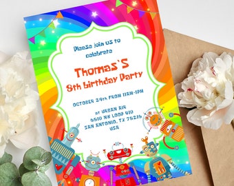 Robbots Rainbow DIGITAL DIY TEMPLATE Invitation Invite Birthday Celebration Download, Editable Rainbow Friends Robots Birthday Invitation