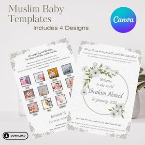 4 X Moslim babybundel geboortekaartje | Islamitische babynaamposter | Islamitische My First Year-poster Aqeeqah-uitnodigingskaart direct downloaden