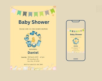 Klassieke Evite-uitnodiging, elektronische babyshoweruitnodiging, digitale mobiele uitnodigingen, bewerkbare smartphonesjabloon babyshower feestje