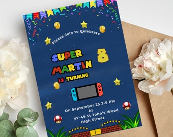 Digital Birthday Card | Birthday Invite | Super Brothers Blue Invite | Birthday Kid Invite | Editable Template | Marios Game Card