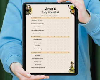 Checklist dagelijkse routine voor kinderen, verantwoordelijkheidstabel, takenlijst, bewerkbare grafiek, afdrukbare pdf, dagelijkse routine, grafiek met leuk thema Shreked