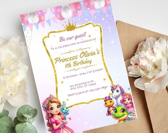 Princess Invitation, Baby Princess Invitation, Princess birthday Card, Girl Birthday Invitation,Canva Template Digital,Purple Pink Card