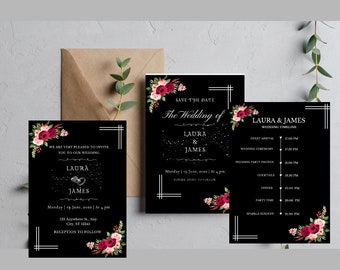 Editable Wedding Invitation Template Save The Date Mobile & Printable eInvite Canva Download Red Roses White Rose Florals Black Timeline