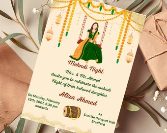 Afdrukbare uitnodigingen Digitale Mehndi-uitnodigingen & Dholki-uitnodigingen, Mendhi Night, Sangeet Trouwkaarten sjabloon online smartphone