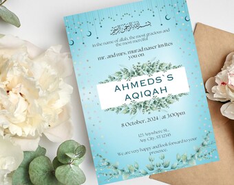 Aqiqah-kaart | Verjaardagsuitnodiging | Digitale download | Moslim, islamitisch | Geboorte baby, Aqeeqah-welkomstbord, gepersonaliseerd, aanpasbaar,