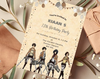 Invitación de cumpleaños de anime manga editable / Invitación de cumpleaños de anime imprimible / Plantilla para fiesta infantil / Invitación de cumpleaños de Ataque a los Titanes