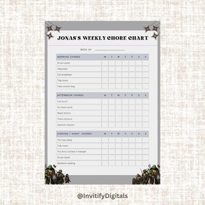 May include: A printable chore chart for kids featuring Teenage Mutant Ninja Turtles characters. The chart is divided into three sections: Morning Chores, Afternoon Chores, and Evening/Night Chores. Each section has a list of chores and a grid for checking off the days of the week.
