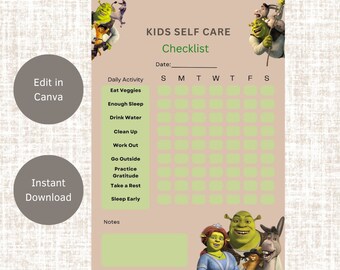 Kinderen grappige dagelijkse zelfzorgchecklist, verantwoordelijkheidstabel, takenlijst, bewerkbare tabel, afdrukbare pdf, dagelijkse routine, thema leuk diagram