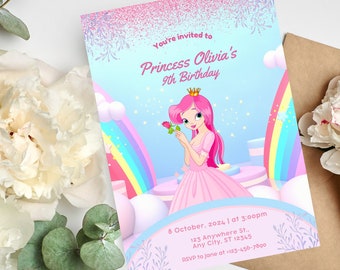 Princess Invitation Card Princess Birthday Invite Instant Download Pink Party Invitation Canva Template Girl Birthday Invite Aqua Pink Lilac