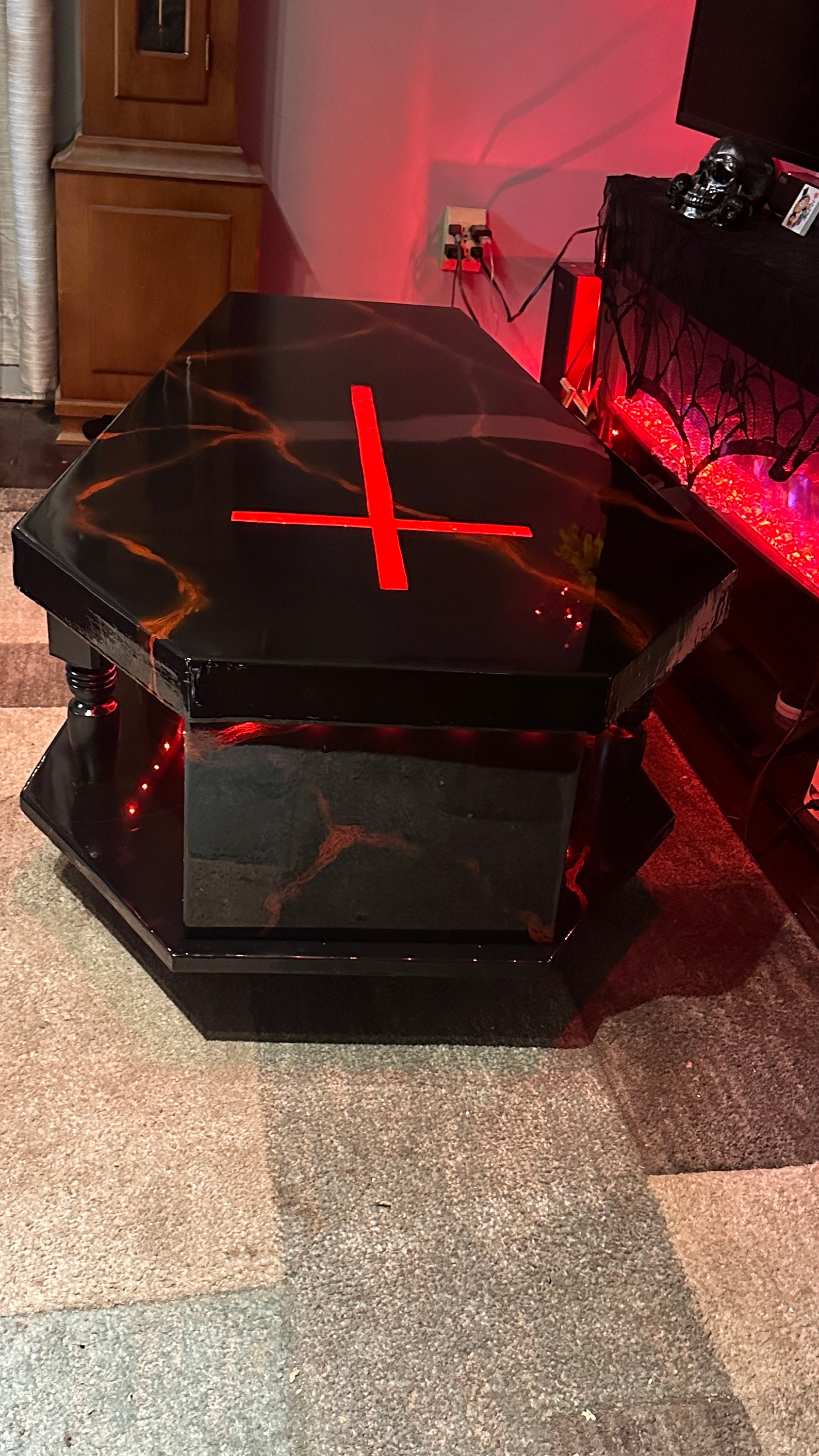 Coffin Coffee Table W/builtin LED Lights Including Epoxy Coffinshaped