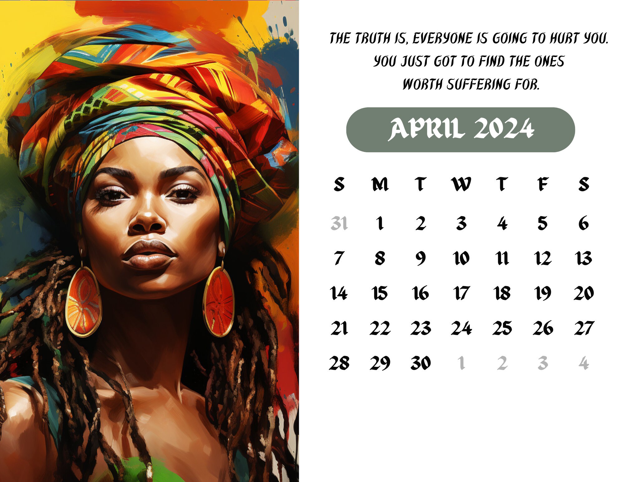 Rasta Radiance 2024 Printable Calendar Beautiful Rastafarian Women