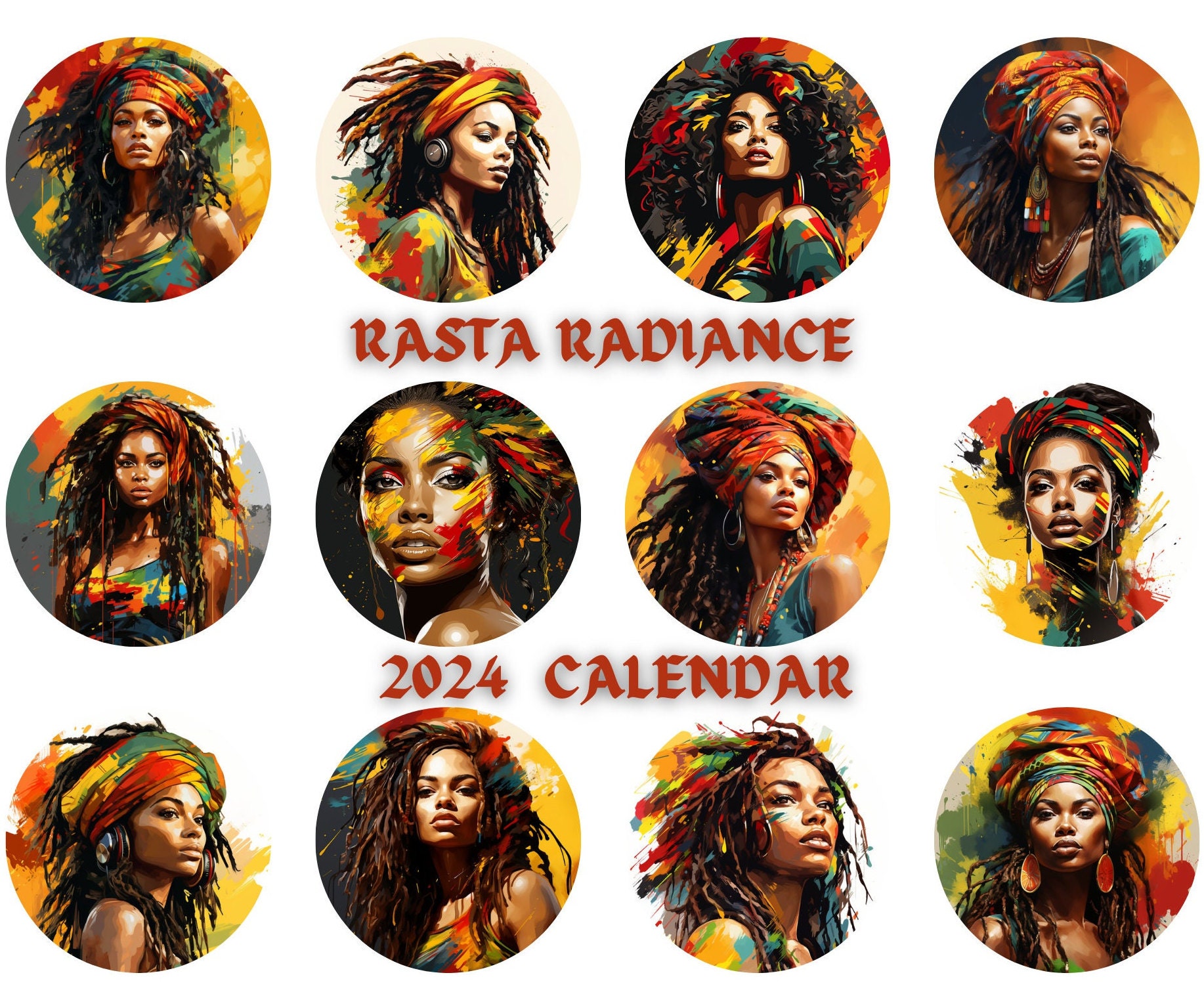 Rasta Radiance 2024 Printable Calendar Beautiful Rastafarian Women