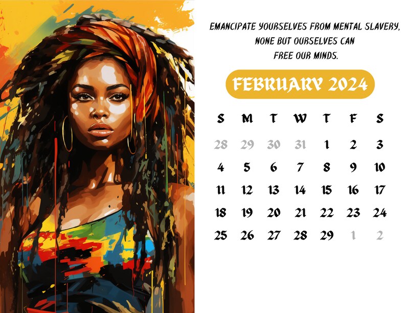 Rasta Radiance 2024 Printable Calendar Beautiful Rastafarian Women